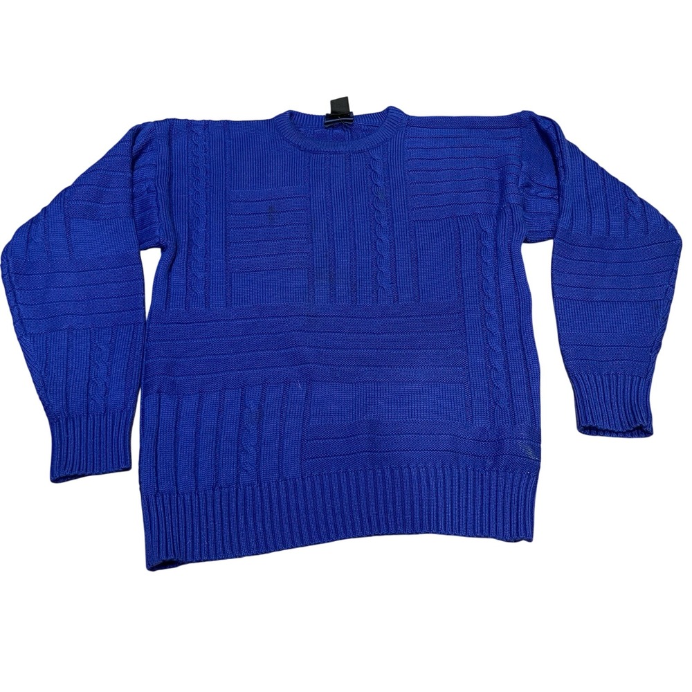 Herman's Royal Blue Crewneck Sweater Large Vintage 1980s Wool Blend Cable Knit